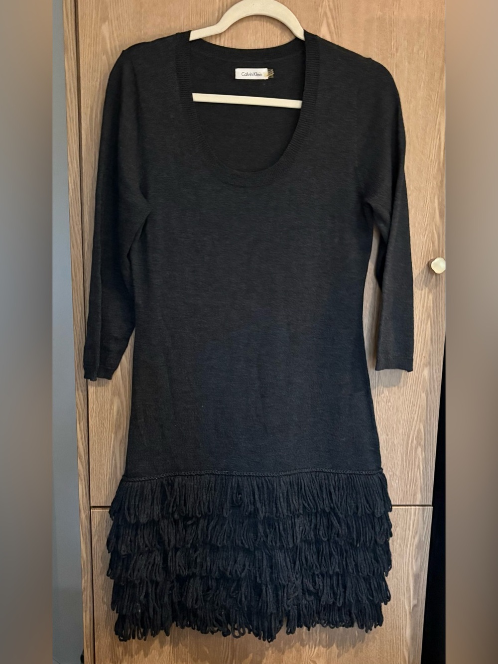 Calvin Klein Scoop Neck Fringe Knit Dress